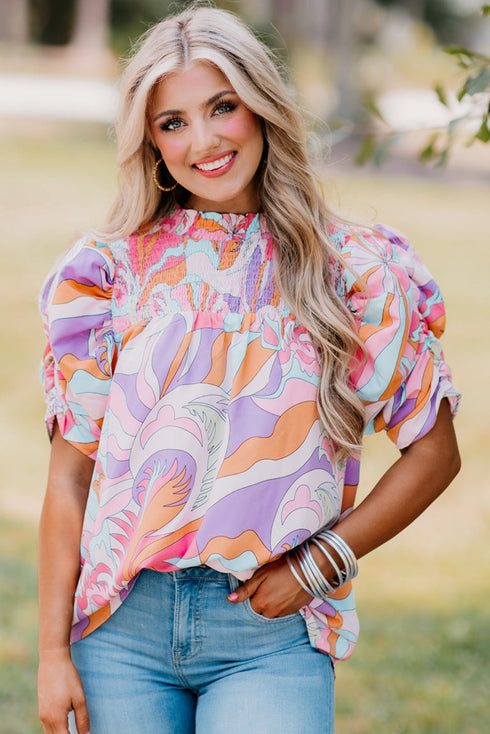 Abstract Print Bubble Sleeve Smock Detail Blouse